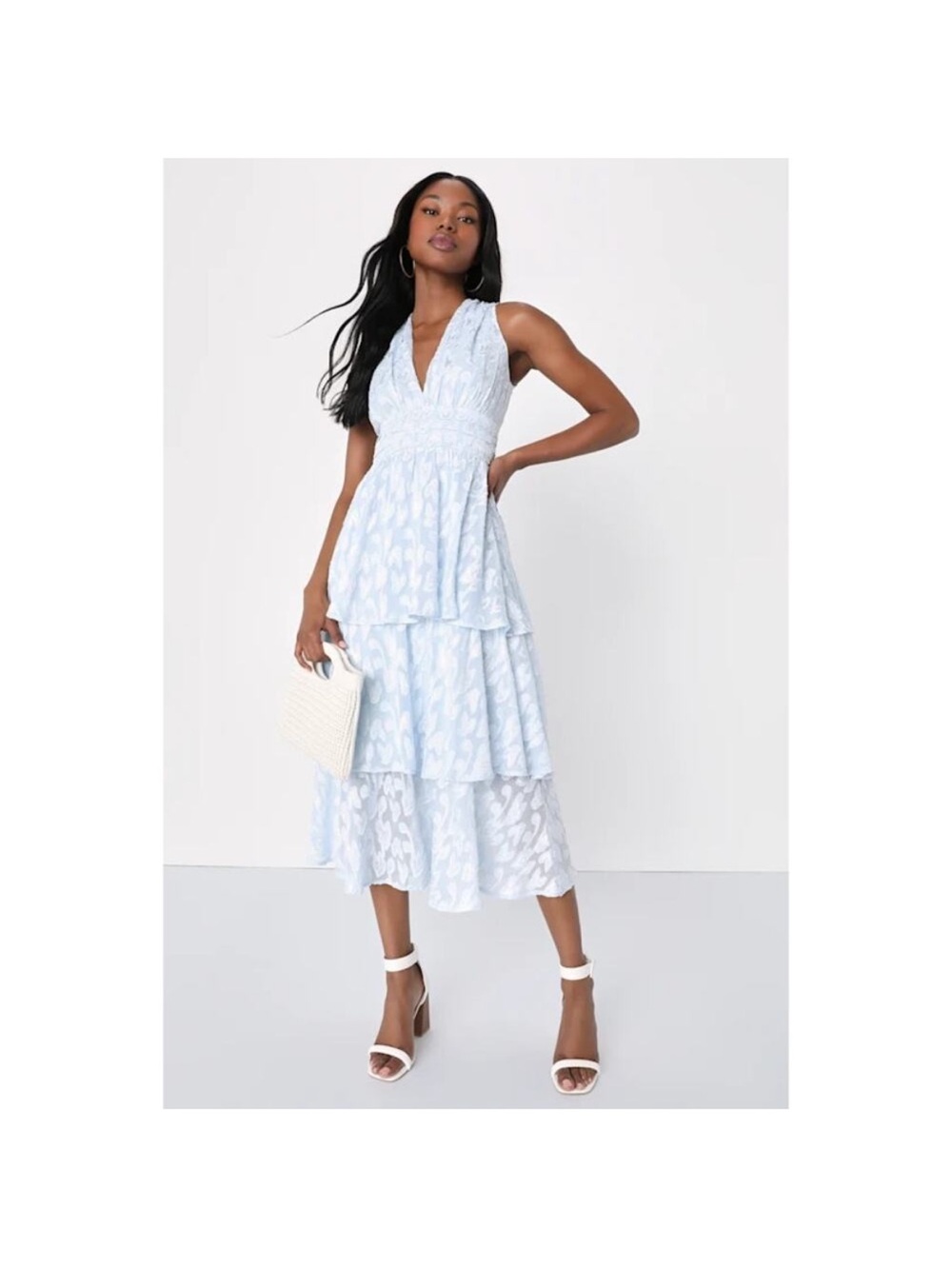 NWT Lulu's Make It Mesmerizing Pale Blue Tiered V-Neck Midi Dress